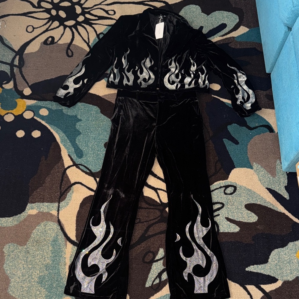 Women’s Black Two-Piece Set Silver Flame Crop Jacket & Flare Pants Size L